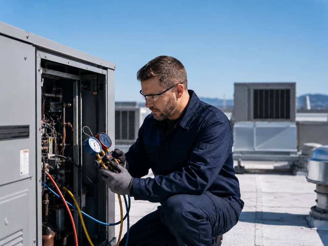 Indfoss technician servicing commercial HVAC and refrigeration equipment